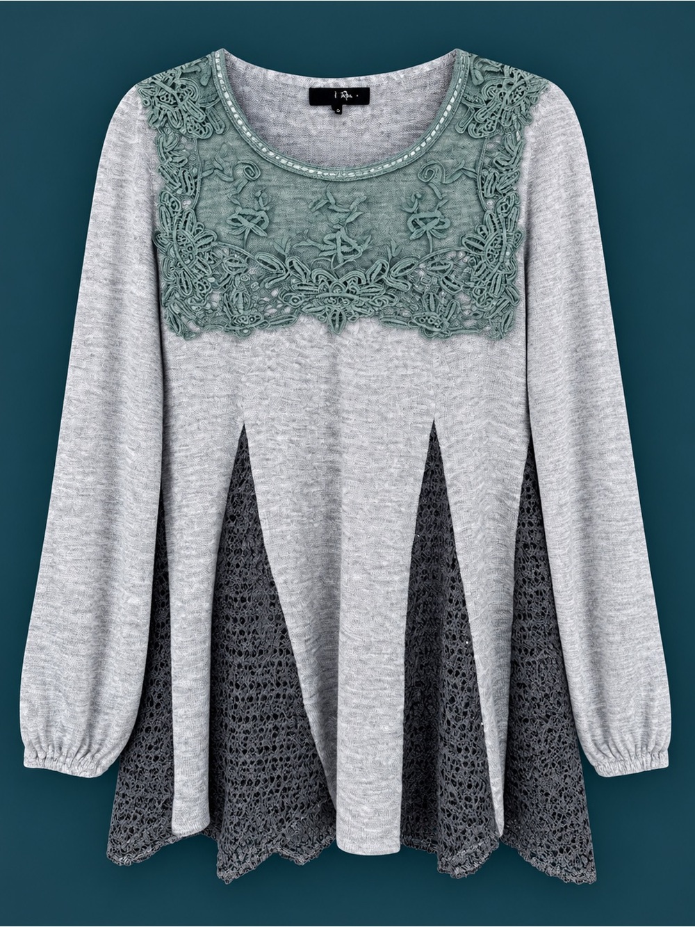 Ryu Gray Top with Sage Lace Yoke and Charcoal Crochet Insets